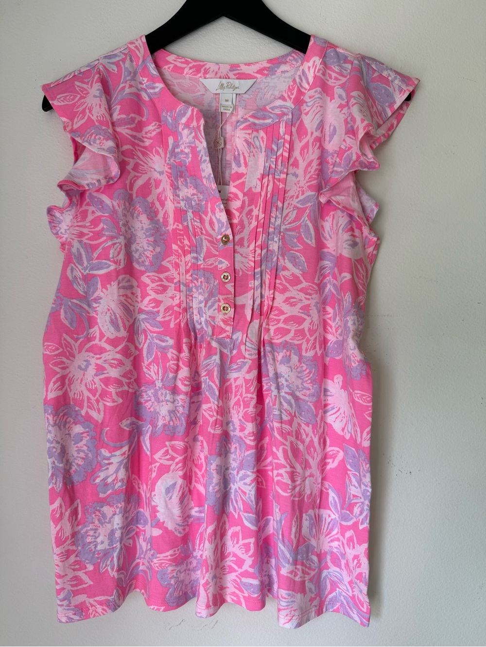 Lilly Pulitzer Golda Top Rousseau Pink Zen Garden M NWT Flutter Sleeve Floral